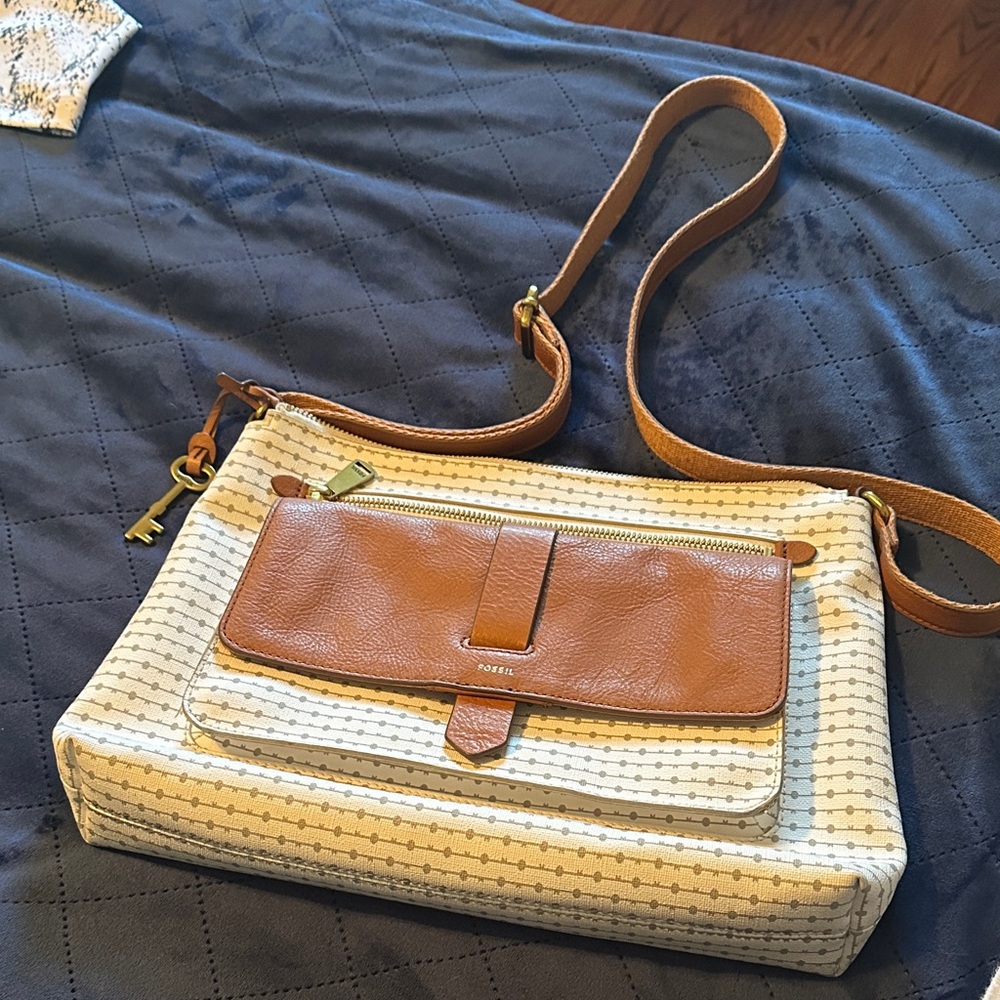 Fossil Brown and Cream Crossbody Bag
